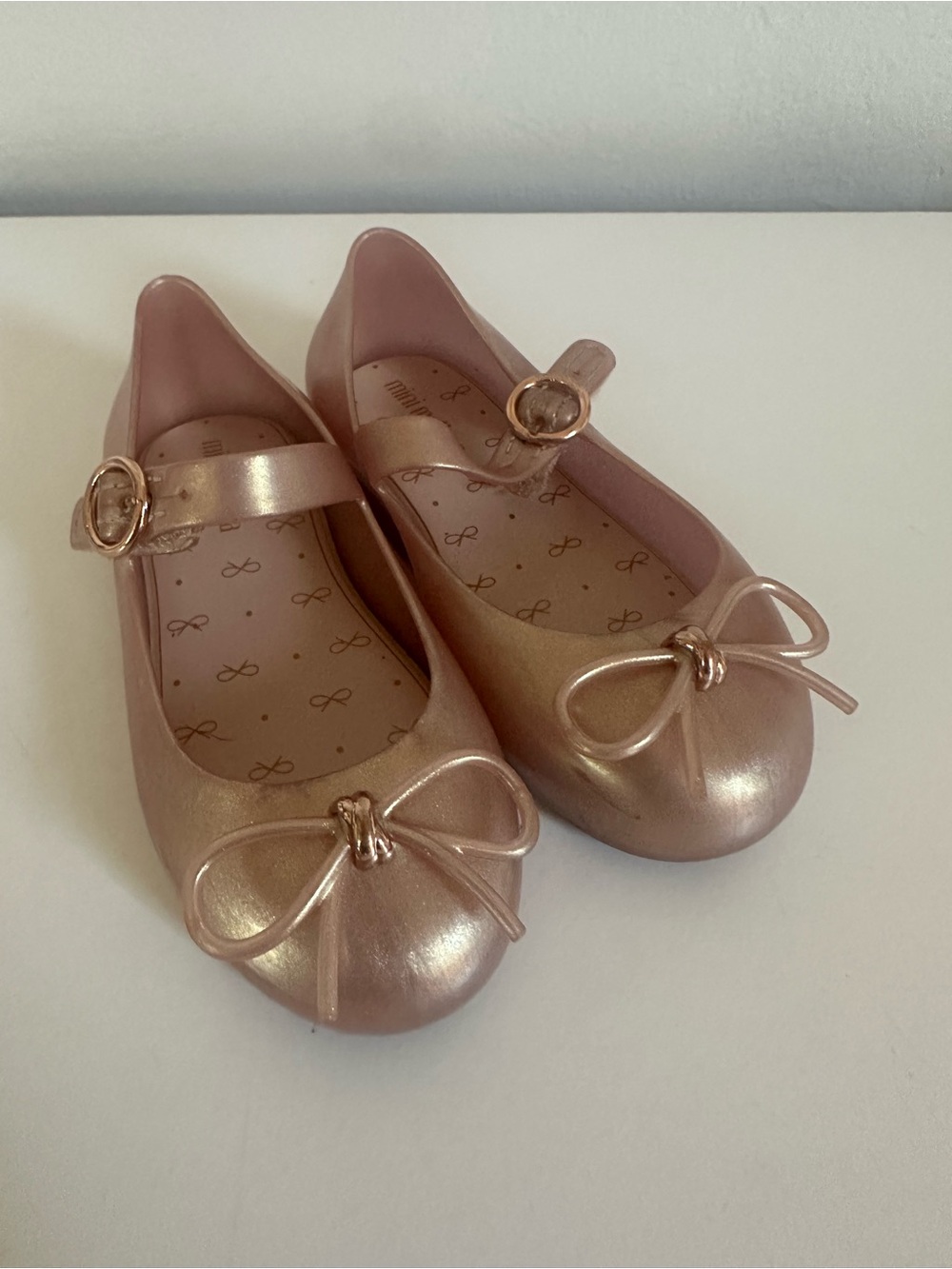 Mini Melissa Metallic Rose Gold Mary Jane Ballet Flats with Bow 8C